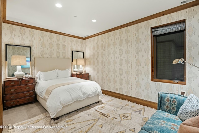 bedroom featuring light carpet and ornamental molding