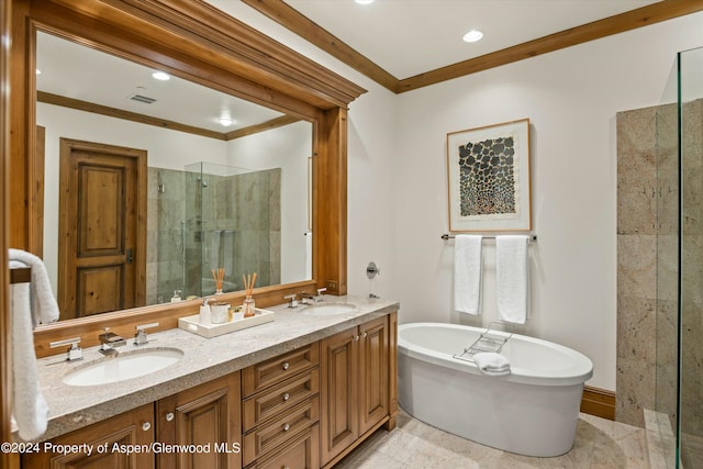 bathroom with vanity, ornamental molding, and plus walk in shower