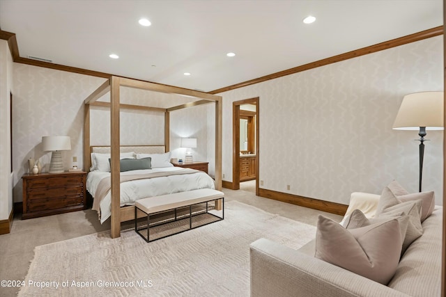 carpeted bedroom featuring ornamental molding