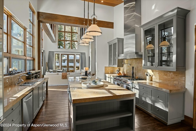 kitchen with sink, wall chimney exhaust hood, gray cabinets, decorative backsplash, and decorative light fixtures