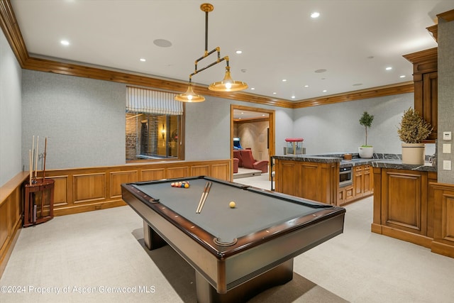 game room with light colored carpet, ornamental molding, and pool table