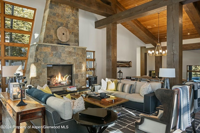 living room with a fireplace, wood ceiling, high vaulted ceiling, a notable chandelier, and beamed ceiling