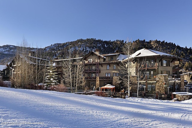 exterior space with a mountain view and a chimney