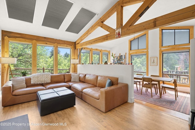 116 S Bill Creek Rd, Carbondale, CO 81623 - living area with light wood finished floors, high vaulted ceiling, and beamed ceiling