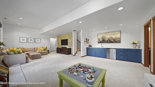 living room with light carpet and wet bar