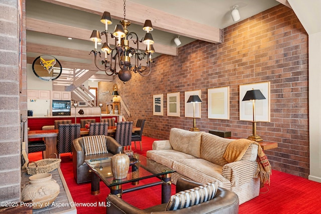 625 S W End St Unit 12, Aspen, CO 81611 - living area featuring a chandelier, beam ceiling, and brick wall
