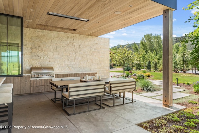 33 St Finnbar Farm Rd, Carbondale, CO 81623 - view of patio with exterior kitchen, outdoor dining space, and a mountain view