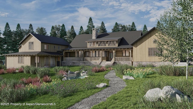 325 Holland Hills Rd, Basalt, CO 81621 - back of property with a porch, a chimney, and metal roof
