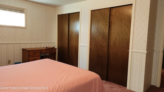 936 Legion St, Craig, CO 81625 - carpeted bedroom featuring two closets, wallpapered walls, and a wainscoted wall
