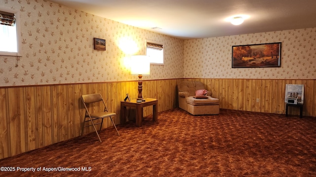 936 Legion St, Craig, CO 81625 - sitting room with carpet flooring, wallpapered walls, and a wainscoted wall
