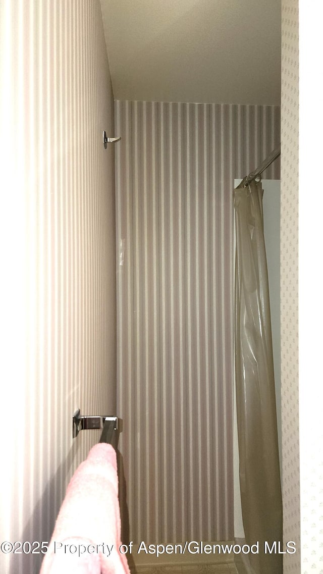 936 Legion St, Craig, CO 81625 - bathroom with wallpapered walls and a shower with shower curtain