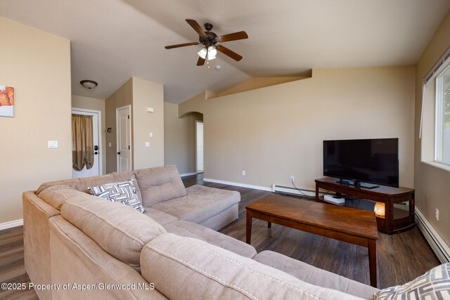 165 Harris Ln, Parachute, CO 81635 - living area with wood finished floors, arched walkways, ceiling fan, and vaulted ceiling