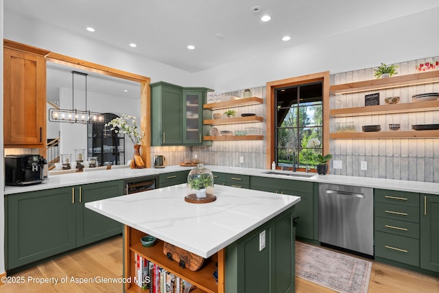 236 Bristlecone Dr, Carbondale, CO 81623 - kitchen featuring open shelves, green cabinets, and recessed lighting