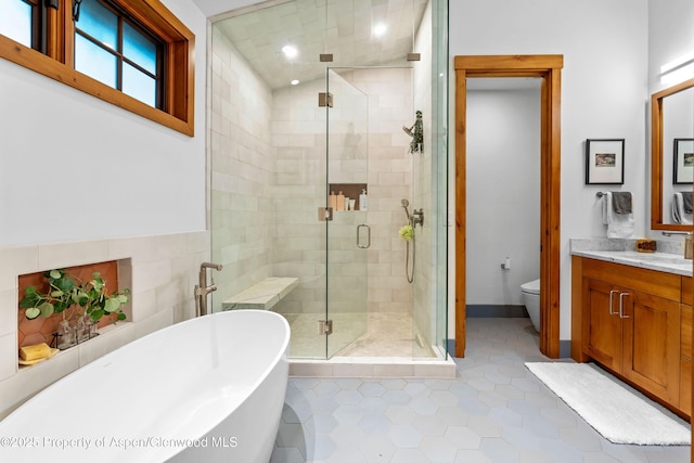 236 Bristlecone Dr, Carbondale, CO 81623 - full bath featuring a freestanding tub, vanity, a shower stall, toilet, and tile patterned floors