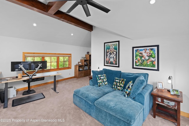 236 Bristlecone Dr, Carbondale, CO 81623 - living room featuring carpet floors, baseboards, ceiling fan, recessed lighting, and an office area