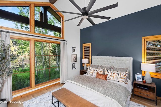 236 Bristlecone Dr, Carbondale, CO 81623 - bedroom with high vaulted ceiling, wood finished floors, and multiple windows