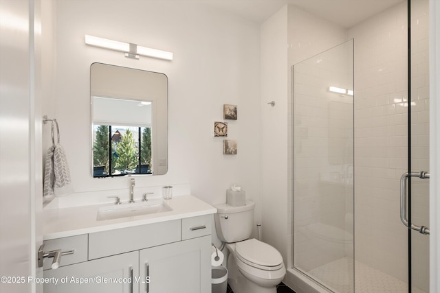 full bathroom with vanity, toilet, and a stall shower