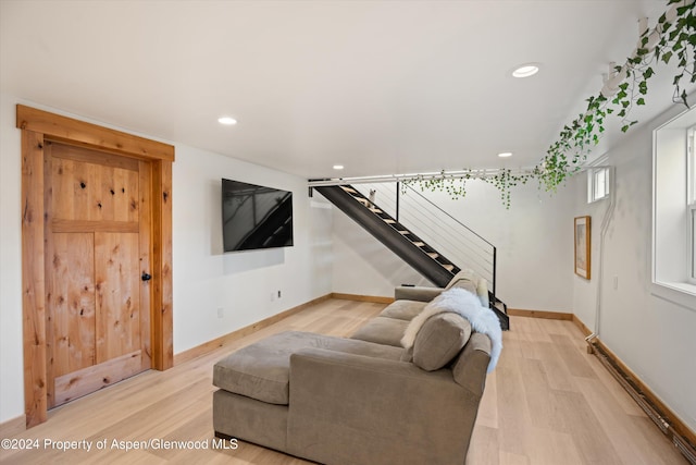 341 Park Dr, Glenwood Springs, CO 81601 - living room with light wood finished floors, stairway, and recessed lighting