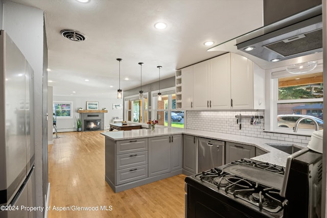 341 Park Dr, Glenwood Springs, CO 81601 - kitchen with ventilation hood, gray cabinetry, stainless steel appliances, light wood-style flooring, and recessed lighting