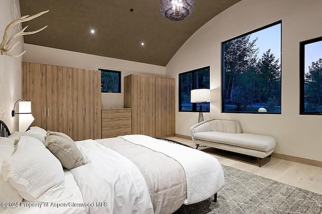 bedroom featuring hardwood / wood-style floors and lofted ceiling