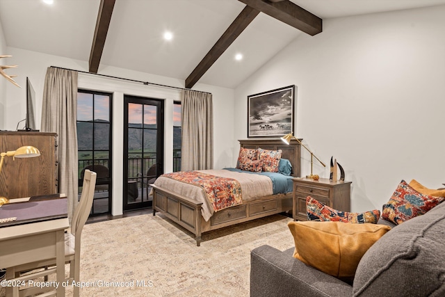 bedroom with vaulted ceiling with beams, recessed lighting, and access to exterior