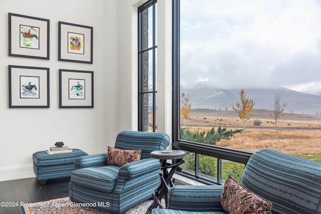 sitting room with baseboards, a mountain view, and dark wood finished floors