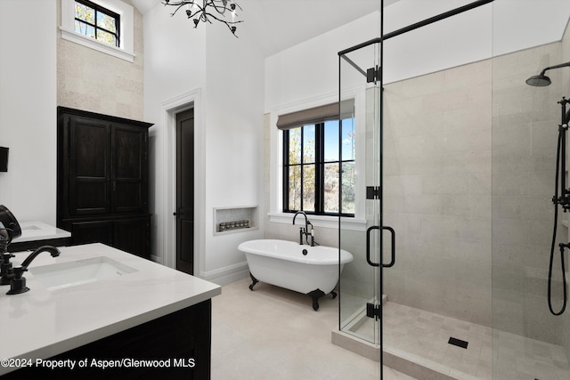 full bath with a freestanding bath, a shower stall, and vanity