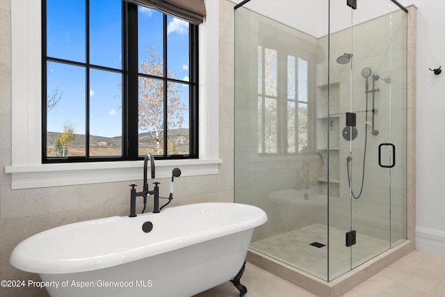 full bath featuring a freestanding tub and a shower stall