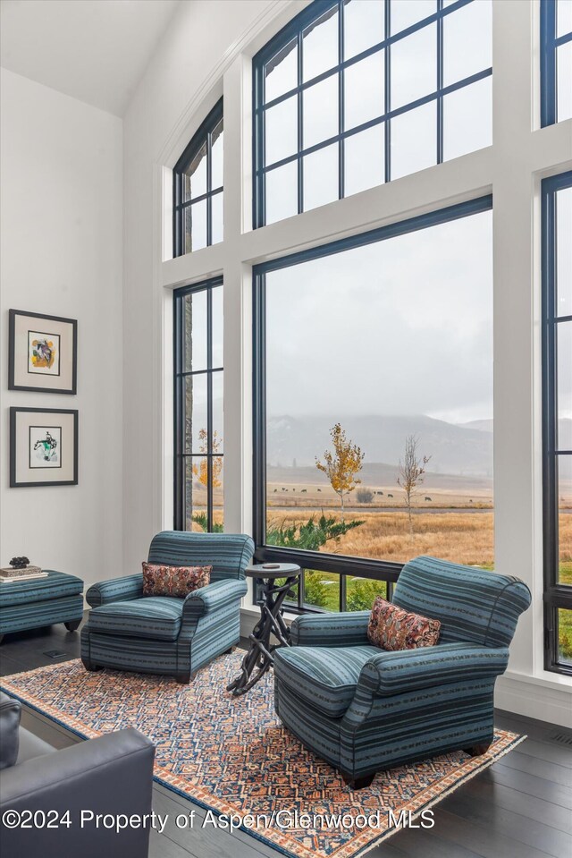 sitting room with a towering ceiling and wood finished floors