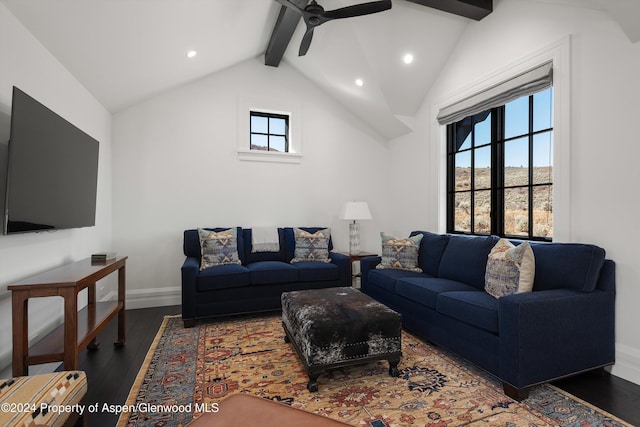 living area with vaulted ceiling with beams, recessed lighting, dark wood-style flooring, a ceiling fan, and baseboards