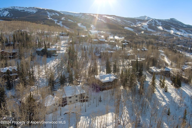 snowy aerial view featuring a mountain view