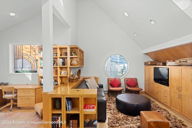 rec room with high vaulted ceiling