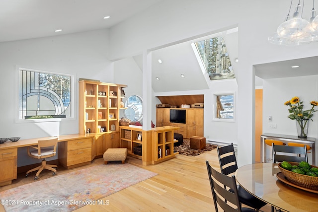177 Stellar Ln, Snowmass Village, CO 81615 - dining room with high vaulted ceiling, light wood-type flooring, an office area, and recessed lighting