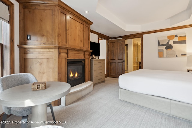 carpeted bedroom with a tray ceiling
