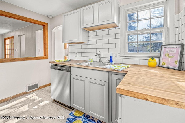 828 Taylor St, Craig, CO 81625 - kitchen featuring stainless steel dishwasher, backsplash, butcher block counters, baseboards, and a sink