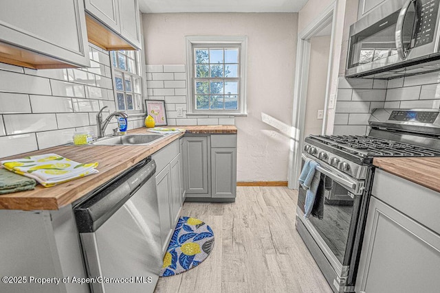 828 Taylor St, Craig, CO 81625 - kitchen featuring stainless steel appliances, wood counters, a sink, tasteful backsplash, and light wood-type flooring