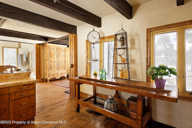 0184 Mountain Laurel Dr, Aspen, CO 81611 - corridor featuring beamed ceiling and light wood-type flooring