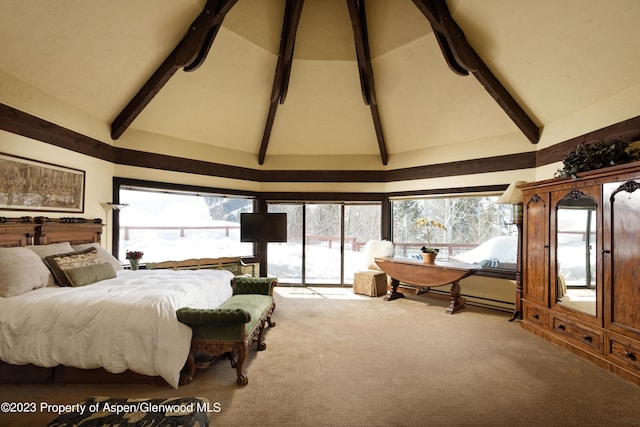 bedroom featuring access to exterior, light colored carpet, beamed ceiling, and high vaulted ceiling