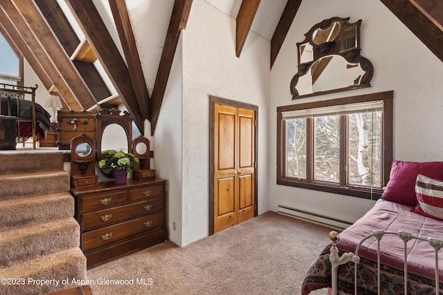 0184 Mountain Laurel Dr, Aspen, CO 81611 - carpeted bedroom featuring vaulted ceiling with beams and a baseboard radiator