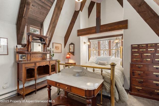 0184 Mountain Laurel Dr, Aspen, CO 81611 - bedroom with carpet flooring, multiple windows, high vaulted ceiling, and beam ceiling