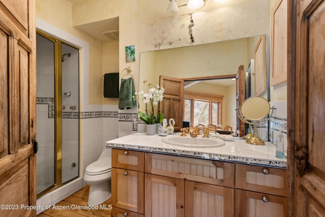 bathroom featuring vanity, toilet, and a shower with door