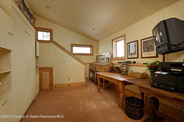 office with lofted ceiling and light carpet