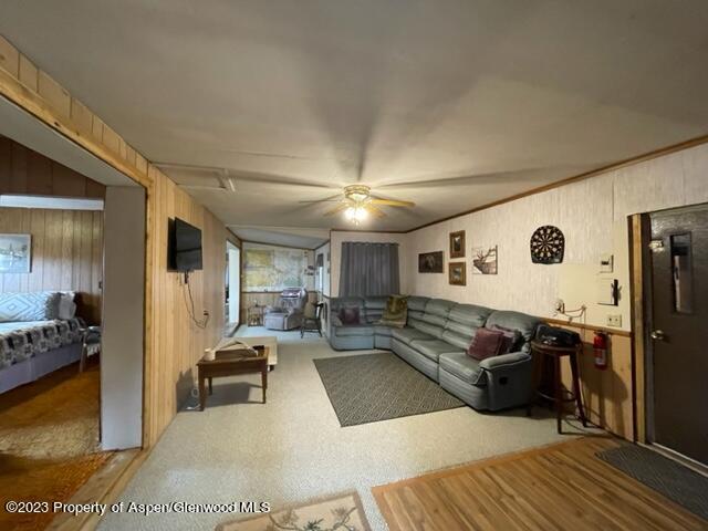 84 Veatch Ave, Maybell, CO 81640 - living room featuring ceiling fan and wooden walls