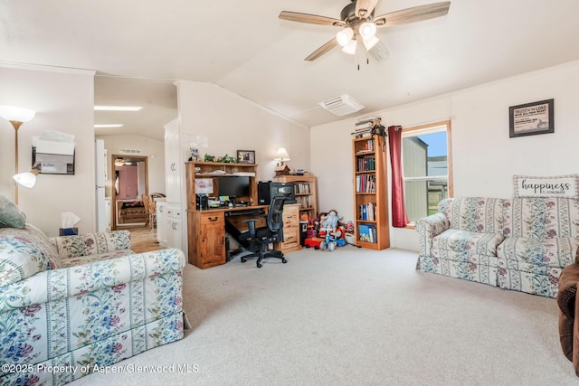 400 Behrman St, Craig, CO 81625 - carpeted home office featuring vaulted ceiling and a ceiling fan