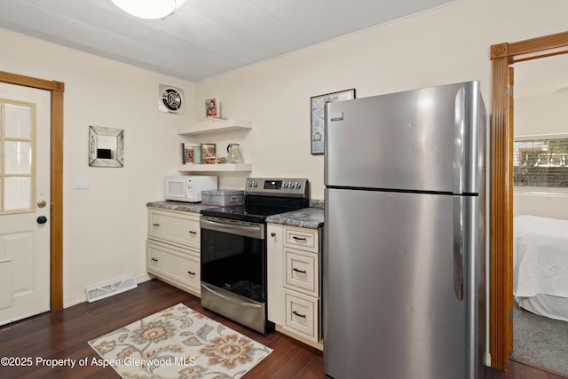 1026 Palmer Ave, Glenwood Springs, CO 81601 - kitchen with appliances with stainless steel finishes, dark wood-style floors, white cabinets, open shelves, and stone countertops