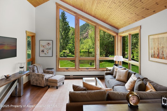 2755 Lower River Rd, Snowmass, CO 81654 - living room with dark wood finished floors, wooden ceiling, and lofted ceiling