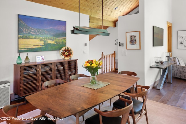 2755 Lower River Rd, Snowmass, CO 81654 - dining area featuring wood finished floors, wooden ceiling, and lofted ceiling