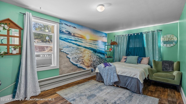 bedroom with hardwood / wood-style floors and cooling unit