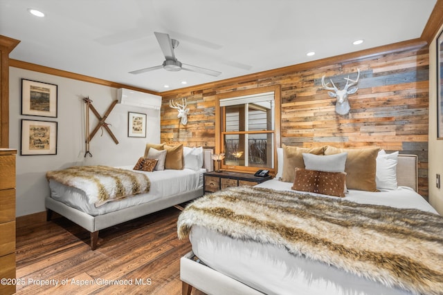 610 S W End St Unit K102, Aspen, CO 81611 - bedroom with wooden walls, recessed lighting, wood finished floors, ornamental molding, and a wall mounted AC