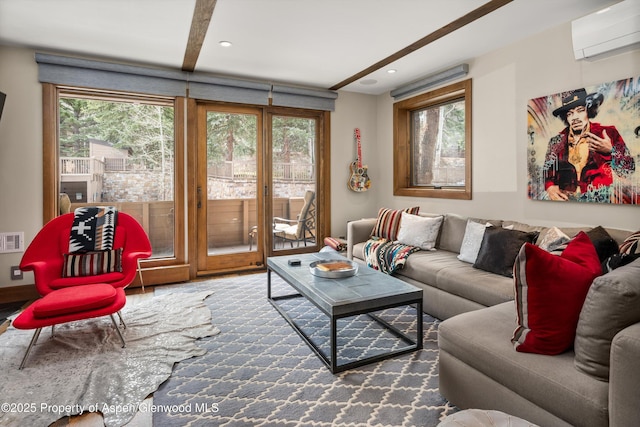 610 S W End St Unit K102, Aspen, CO 81611 - living area with a wall mounted AC, recessed lighting, wood finished floors, and beamed ceiling